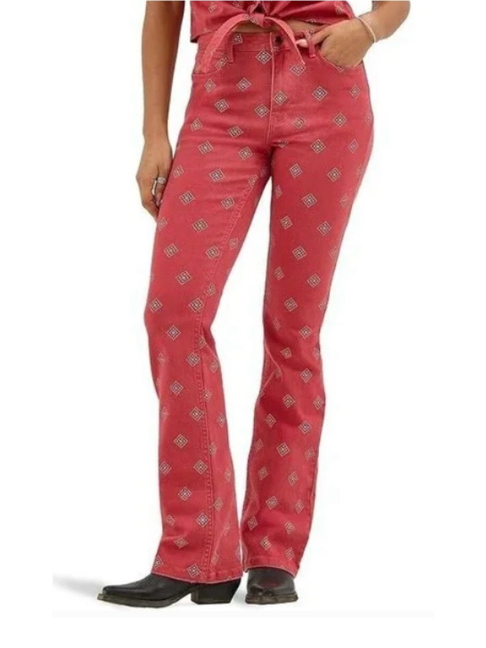 NWT Free People x Wrangler High Rise Bold Boot Bandana Print Jeans Red Size 10 - Picture 5 of 16
